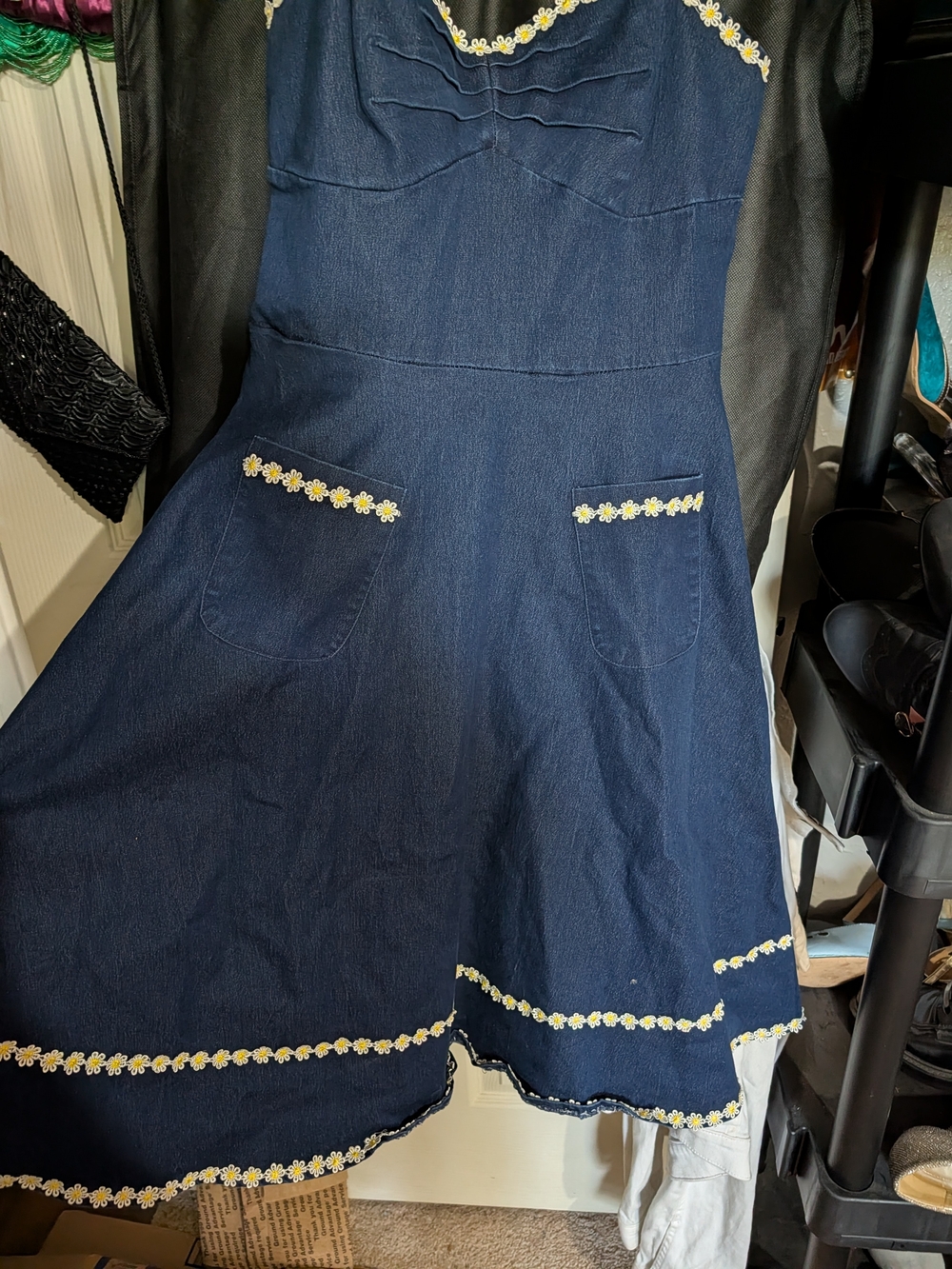 Voodoo Vixen Navy Denim Dress with Yellow Daisy Trim